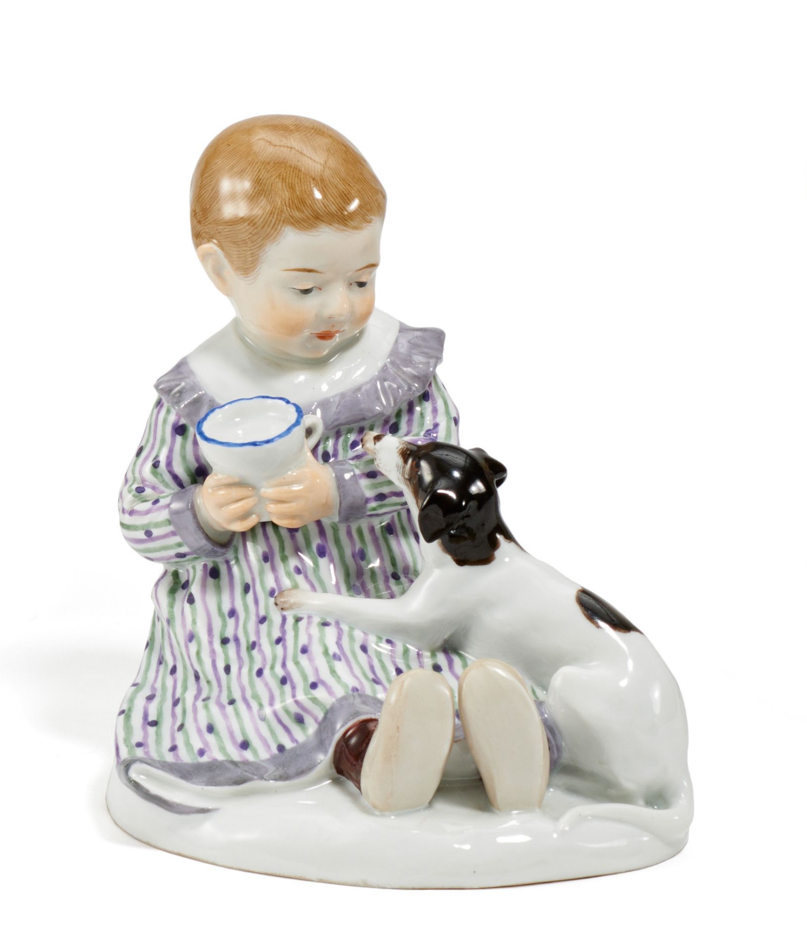 KIND MIT HUND. Meissen. Vor 1924. Modell P. Rumrich. Porzellan, farbiges Dekor. Höhe 12,5cm.