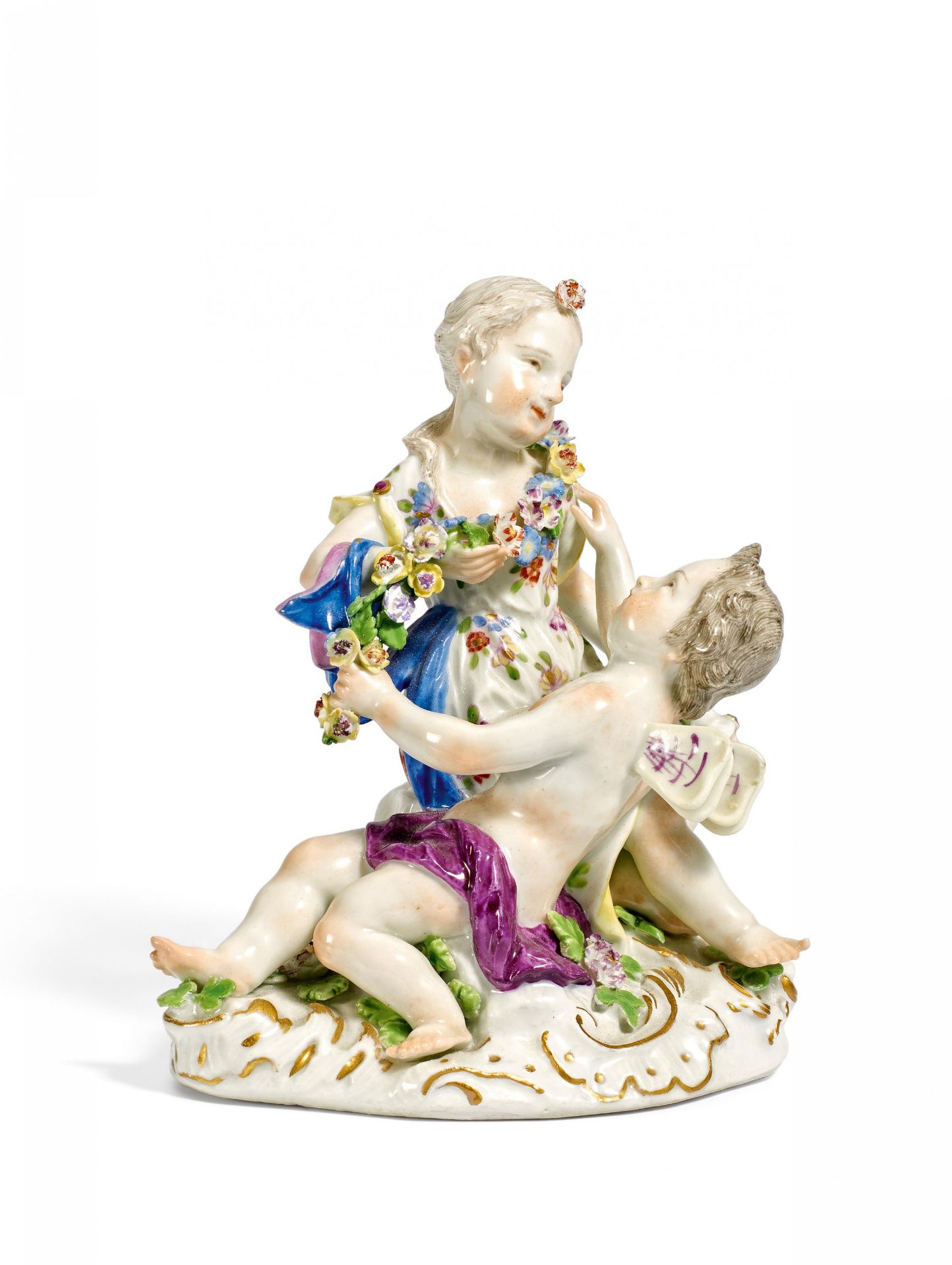 AMORETTENGRUPPE "FLORA UND ZEPHYR". Meissen. Vor 1924. Modell J.J. Kaendler. Porzellan, farbig und