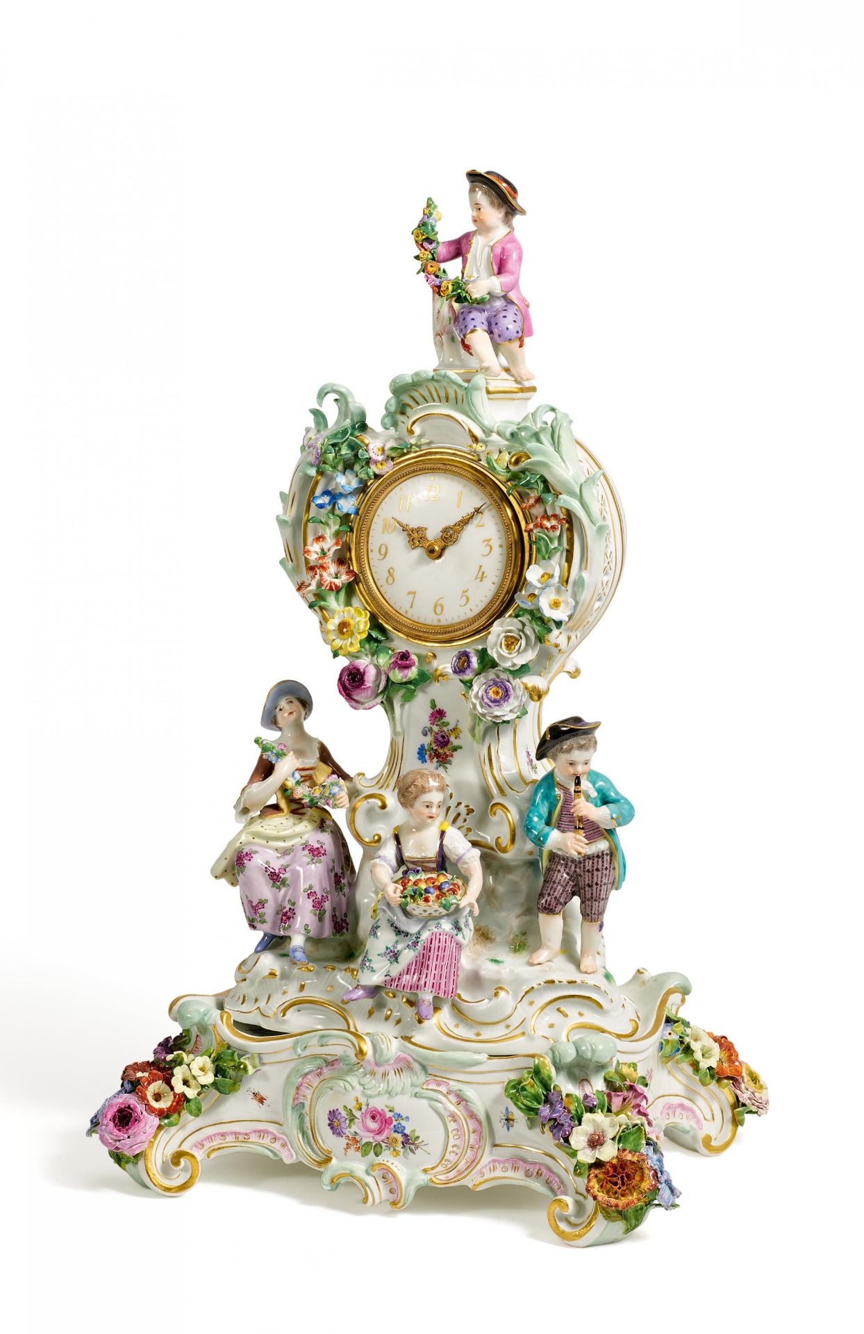 PENDULE MIT GÄRTNERKINDERN. Meissen. Vor 1924. Modell E.A. Leuteritz. Porzellan, farbig und gold