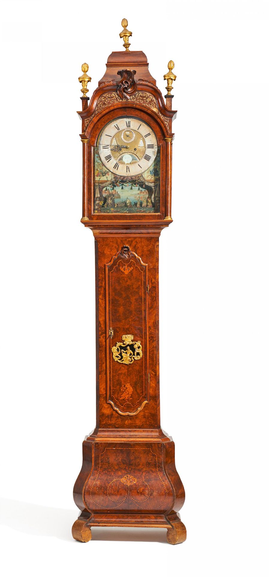 ROKOKO BODENSTANDUHR MIT AUTOMAT. Amsterdam. Um 1760-70. Jan Henkels. Nussbaumfurnier mit tlw.