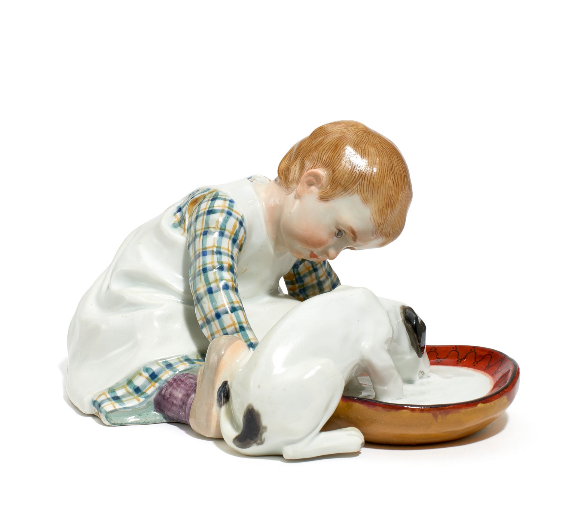 KIND MIT HUND. Meissen. Modell K. Hentschel. Porzellan, farbiges Dekor. Höhe 8,5cm.