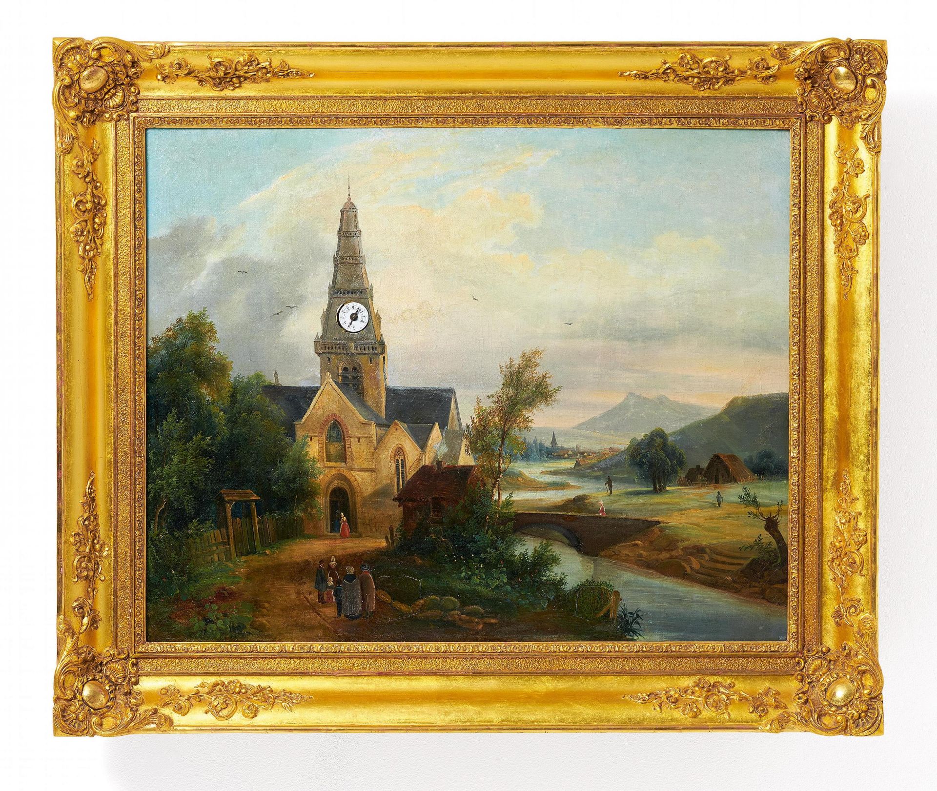 GROßE BILDERUHR MIT FLUSSLANDSCHAFT. Frankreich. 19.Jh. Öl auf Leinwand. Vergoldeter Rahmen.