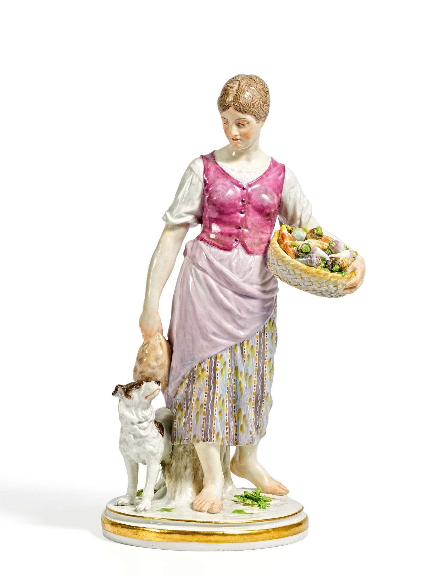 GEMÜSEMAGD MIT WACHTELHUND. Meissen. Vor 1924. Modell J. Ungerer, 1901-1904. Porzellan, farbig und