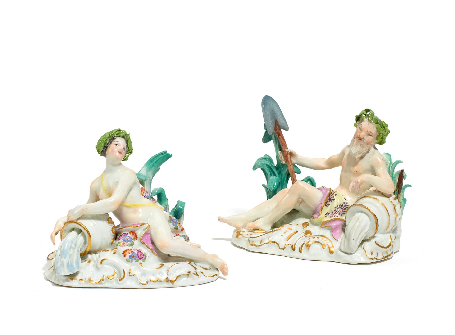 ZWEI FLUSSGÖTTER. Meissen. 18.Jh. Modell J.J. Kaendler, 1752. Porzellan, farbig und gold