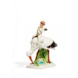 STORCH MIT AMOR UND FROSCH. Meissen. 1910. Modell M. Wiegand, 1906-1909. Porzellan, farbig