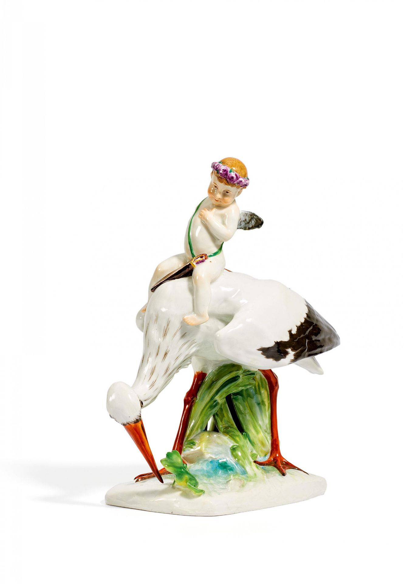 STORCH MIT AMOR UND FROSCH. Meissen. 1910. Modell M. Wiegand, 1906-1909. Porzellan, farbig