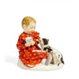 KIND MIT HUND. Meissen. Vor 1924. Modell P. Rumrich, 1909. Porzellan, farbiges Dekor. Höhe 13cm.