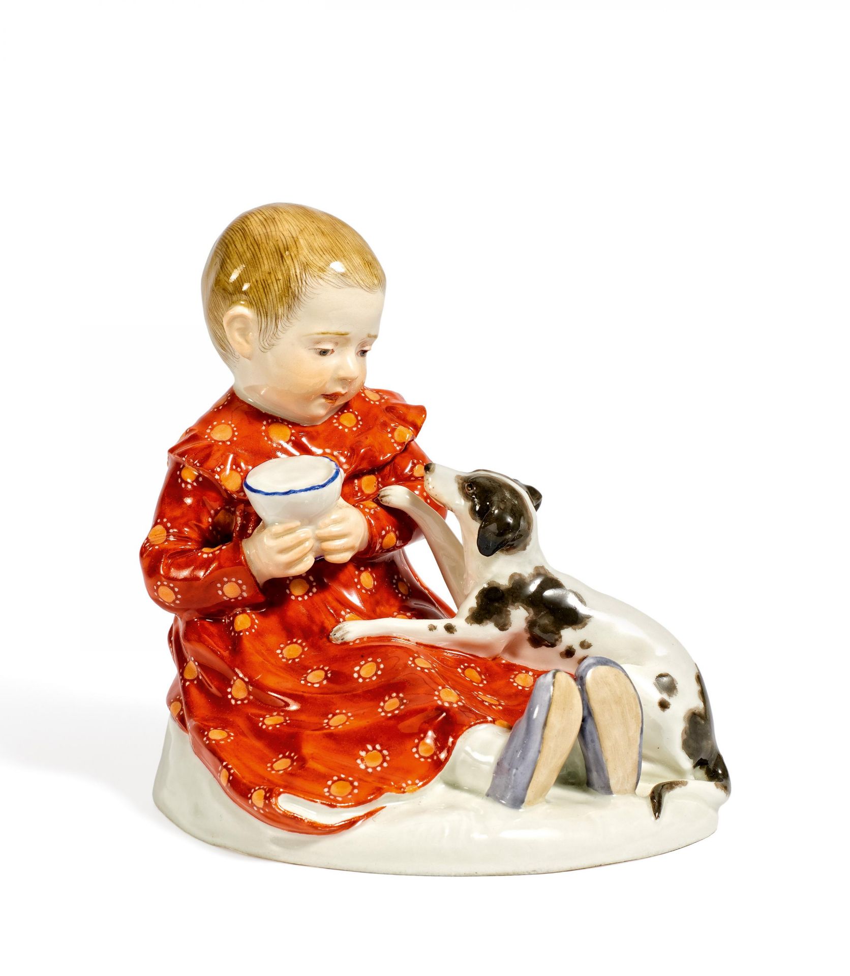 KIND MIT HUND. Meissen. Vor 1924. Modell P. Rumrich, 1909. Porzellan, farbiges Dekor. Höhe 13cm.