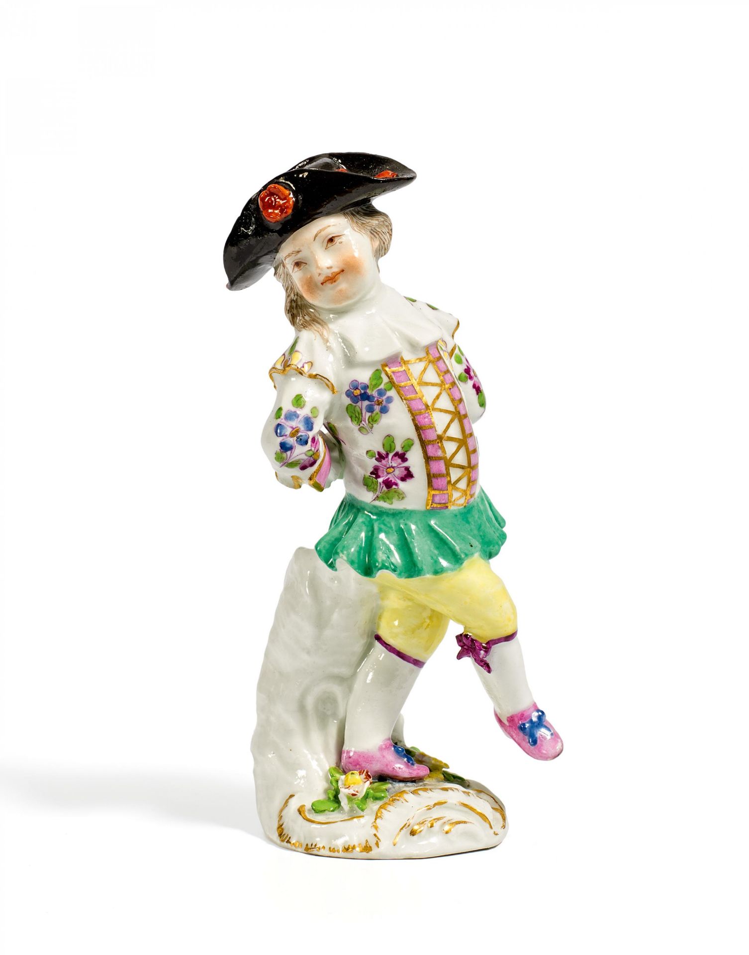 TANZENDER KNABE. Meissen. 18.Jh. Porzellan, farbig und gold staffiert. Höhe 12cm. Ohne erkennbare