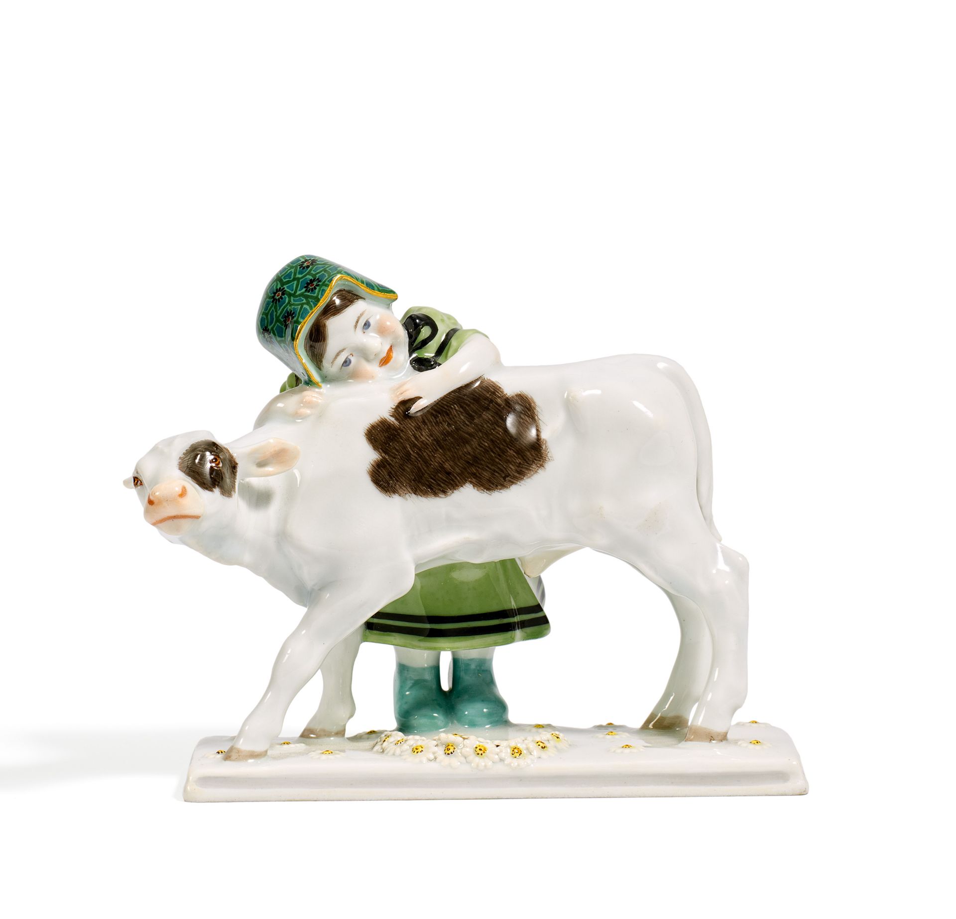 MÄDCHEN MIT KALB. Meissen. Vor 1924. Modell M. Bochmann, 1905-1910. Porzellan, farbiges Dekor.