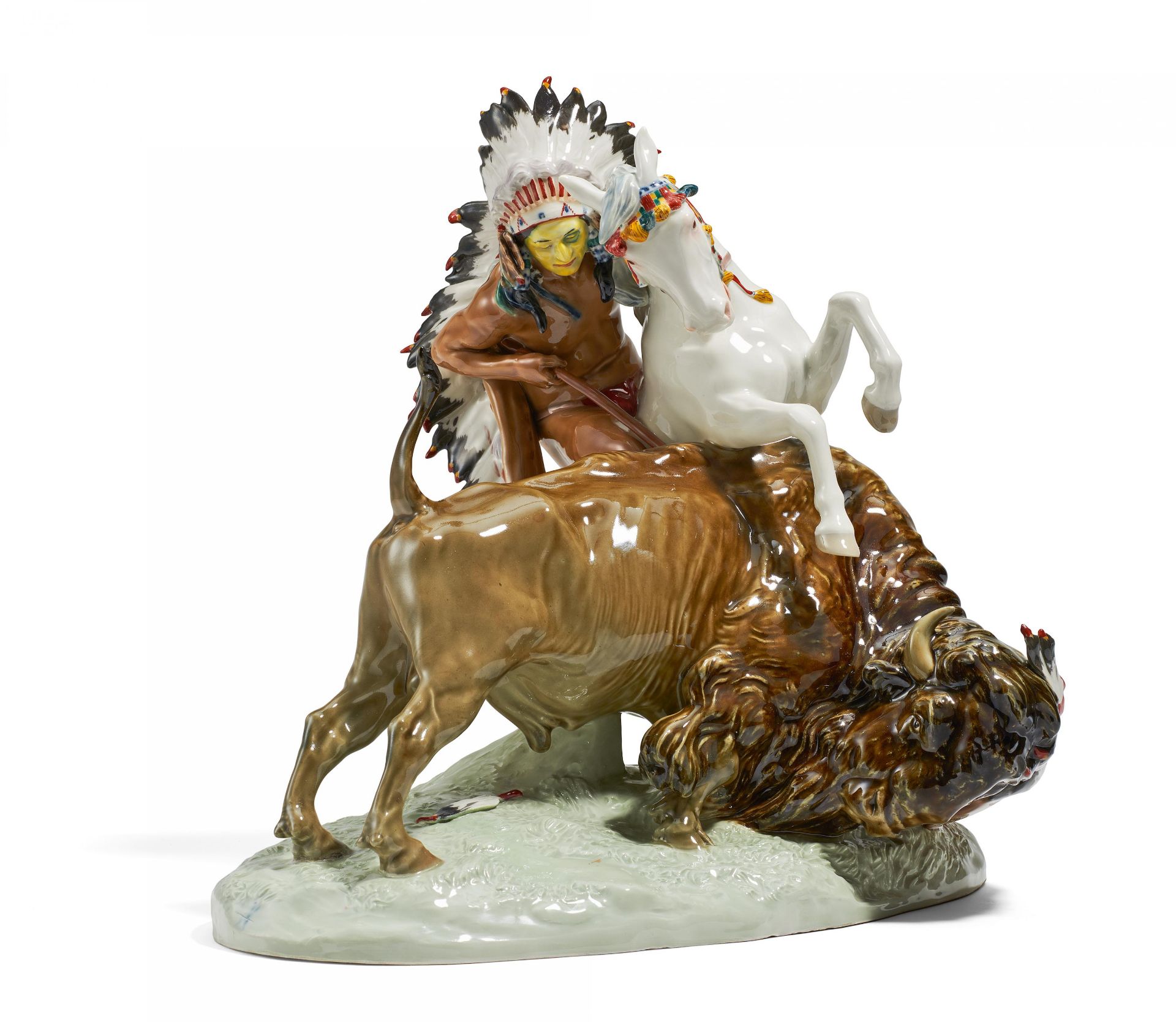 INDIANER AUF PFERD. Meissen. 1935-1945. Modell E. Hösel, 1906. Porzellan, farbiges Dekor. Ein auf