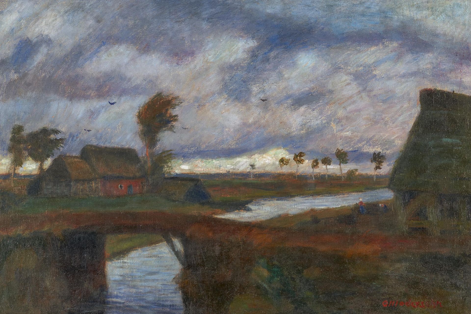 Modersohn, Otto1865 Soest - 1943 RotenburgSturm im Moor. Um 1930. Öl auf Leinwand. 66 x 99cm.