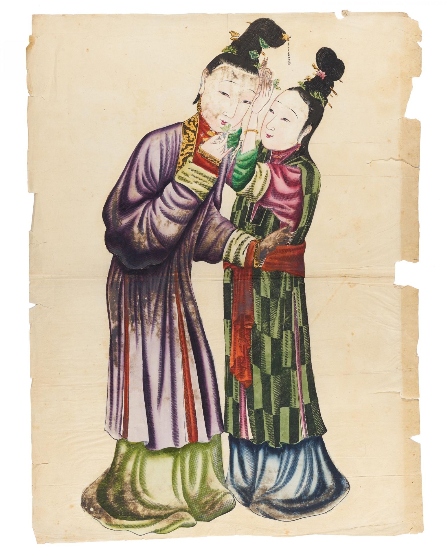 ZWEI COLORIERTE HOLZSCHNITTE VON DAMEN. China. Qing-Dynastie. 18. Jh. Holzschnitt mit - Image 2 of 3