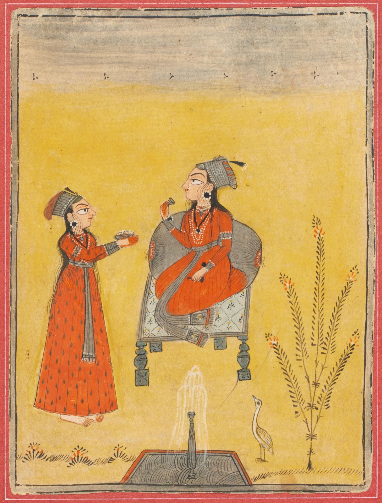 ADLIGE DAME UND BEDIENSTETE. Indien. Nurpur. Ca. 17./18. Jh. Wohl Pahari-Schule. Pigmente und