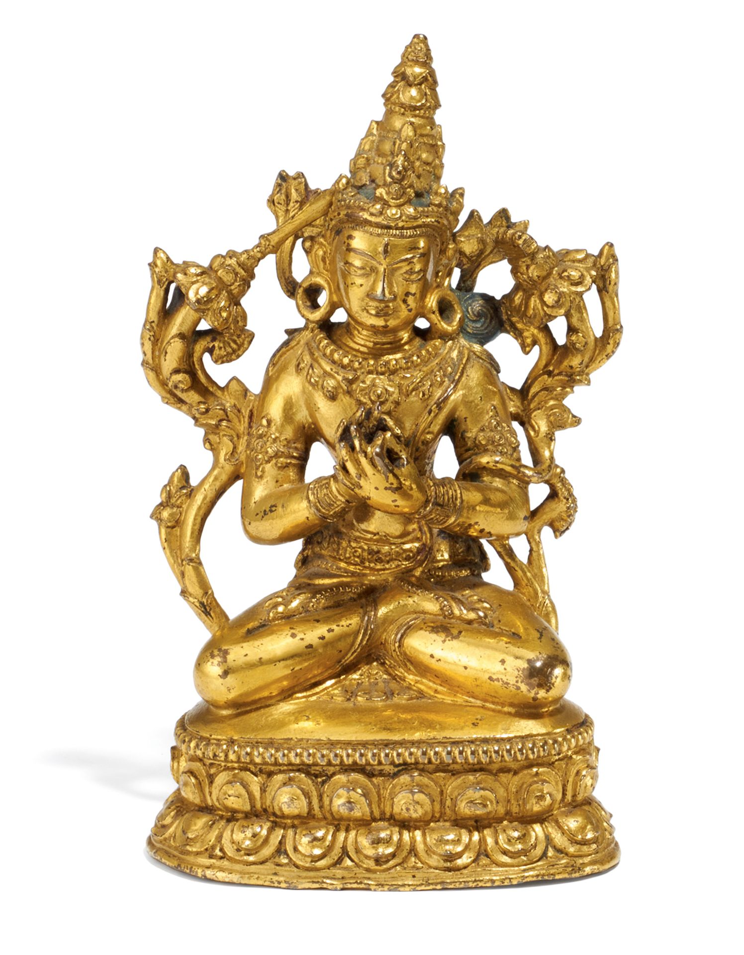 MANJUSHRI. Tibet. Ca. 18. Jh. Bronze mit Feuervergoldung. Sitzend in padmasana auf einem doppelten