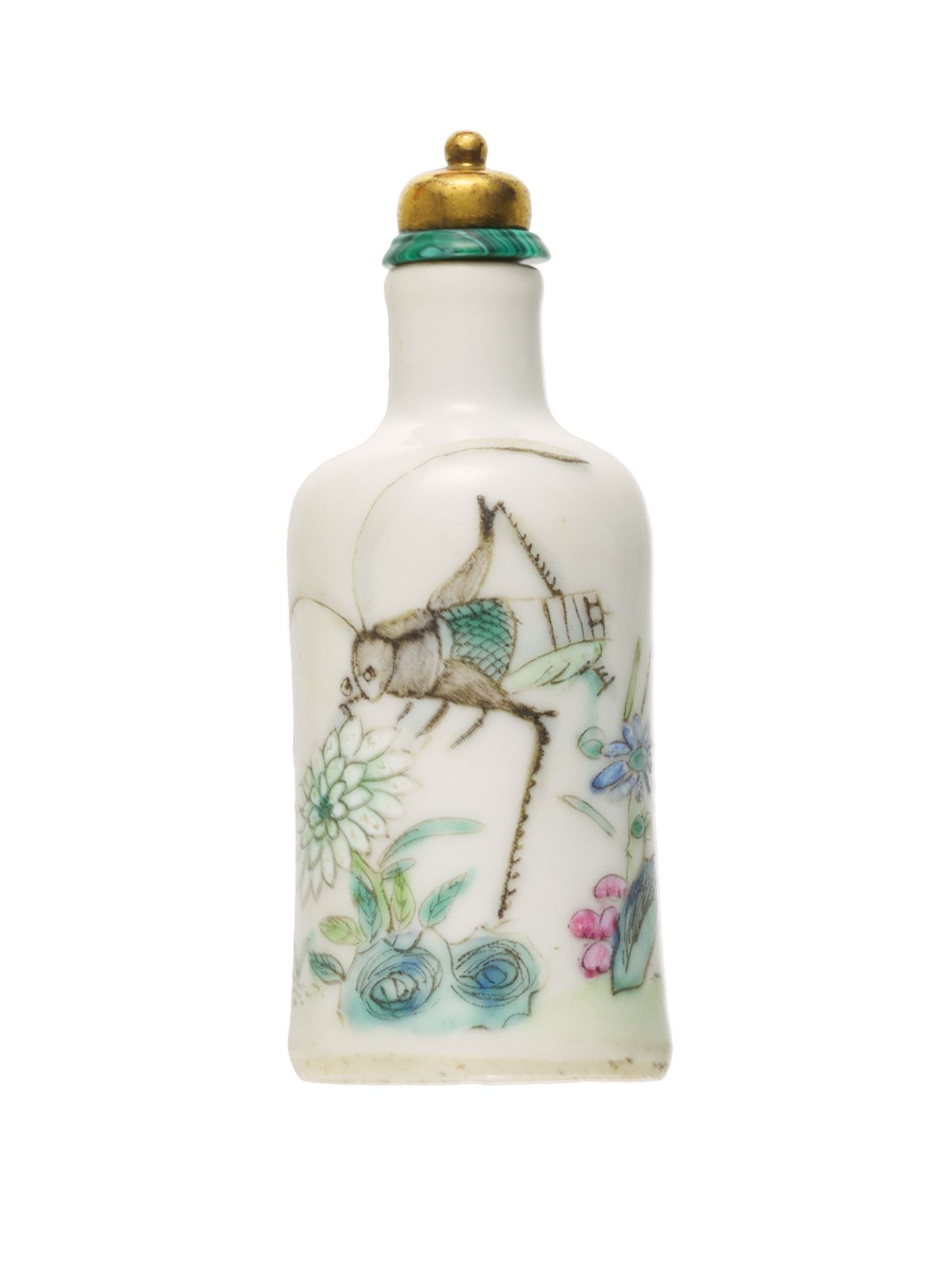 SNUFFBOTTLE MIT GRASHÜPFER UND CHRYSANTHEMEN. China. Qing-Dynastie. Daoguang-Periode (1820-50).