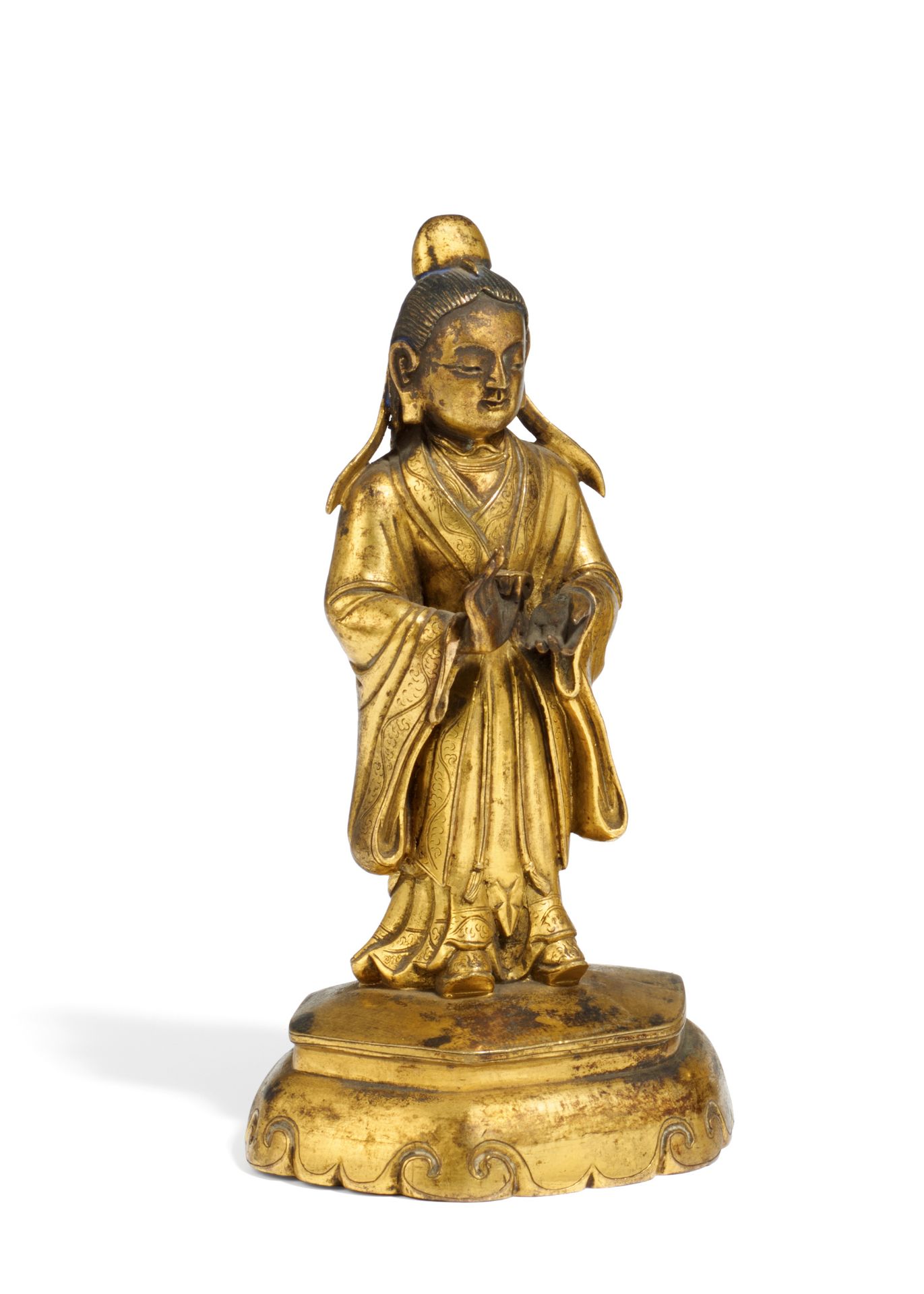 STEHENDER GELEHRTER. China. Qing-Dynastie. Kangxi-Periode (1661-1722). Bronze mit Vergoldung, mit