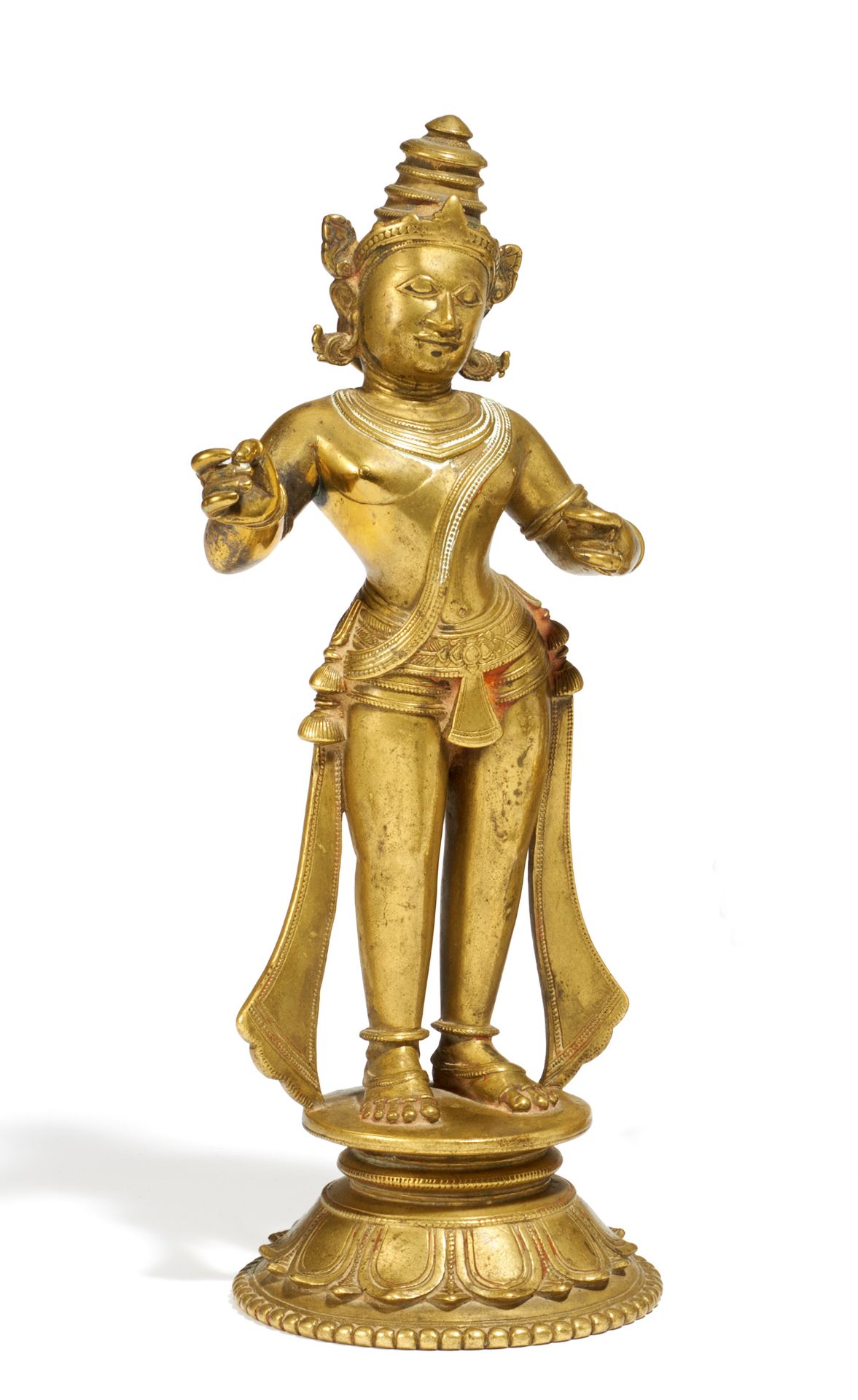 MÄNNLICHE HINDUISTISCHE GOTTHEIT. Indien. 18./19. Jh. Bronze mit Resten kultischer Bemalung. Stehend