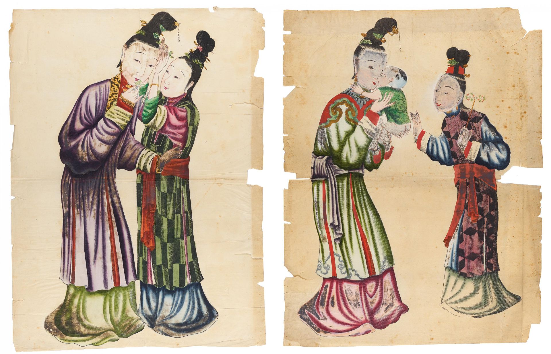 ZWEI COLORIERTE HOLZSCHNITTE VON DAMEN. China. Qing-Dynastie. 18. Jh. Holzschnitt mit