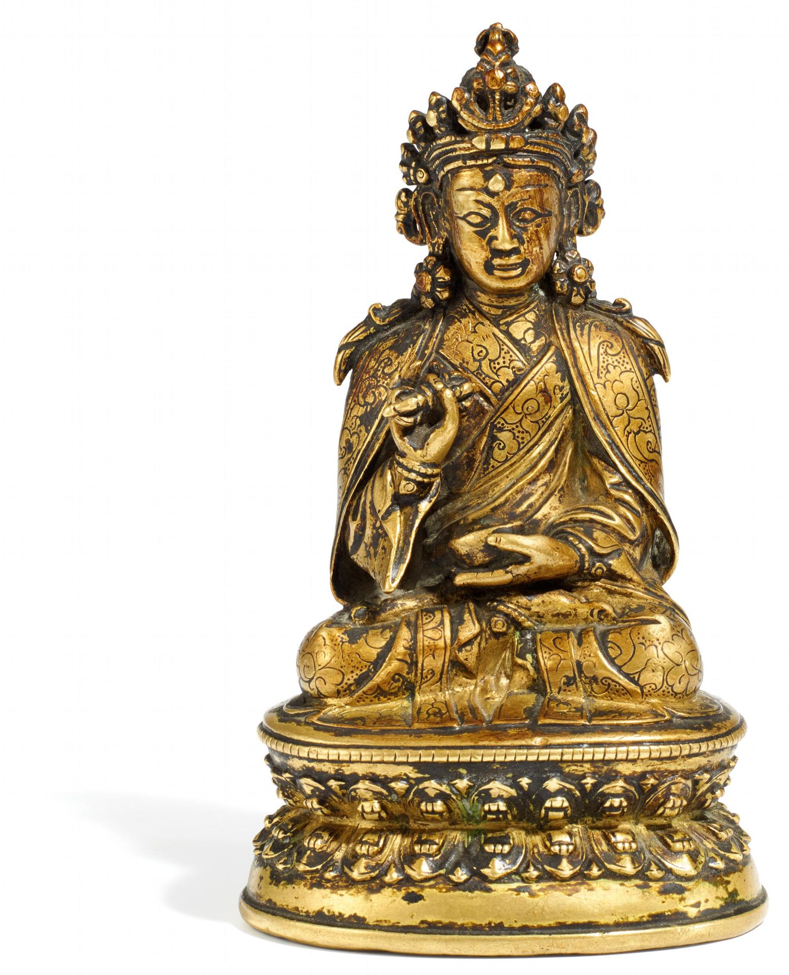 BEDEUTENDE FIGUR DES PADMASAMBHAVA. Tibet. 15./16. Jh. Gelbliche Bronze mit Resten von Vergoldung