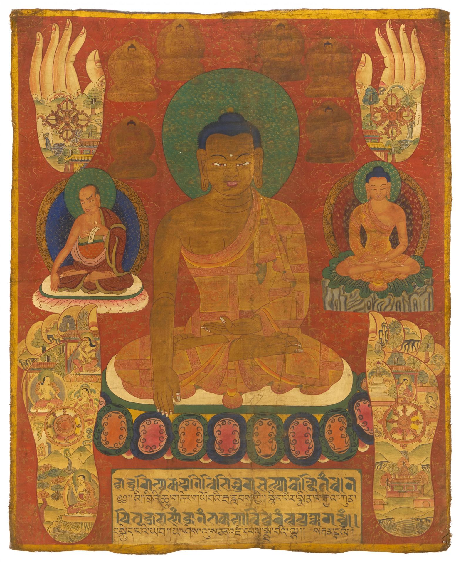 GROßES THANGKA DES BUDDHA SHAKYAMUNI. Sino-tibetisch. Pigmente und Blattgold auf Gewebe. Im