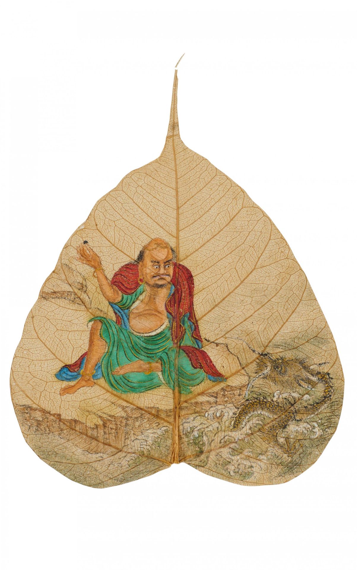 VIER AUßERGEWÖHNLICHE, MIT LUOHAN BEMALTE BODHIBAUMBLÄTTER. China. Qing-Dynastie. 18./19. Jh. - Bild 3 aus 5