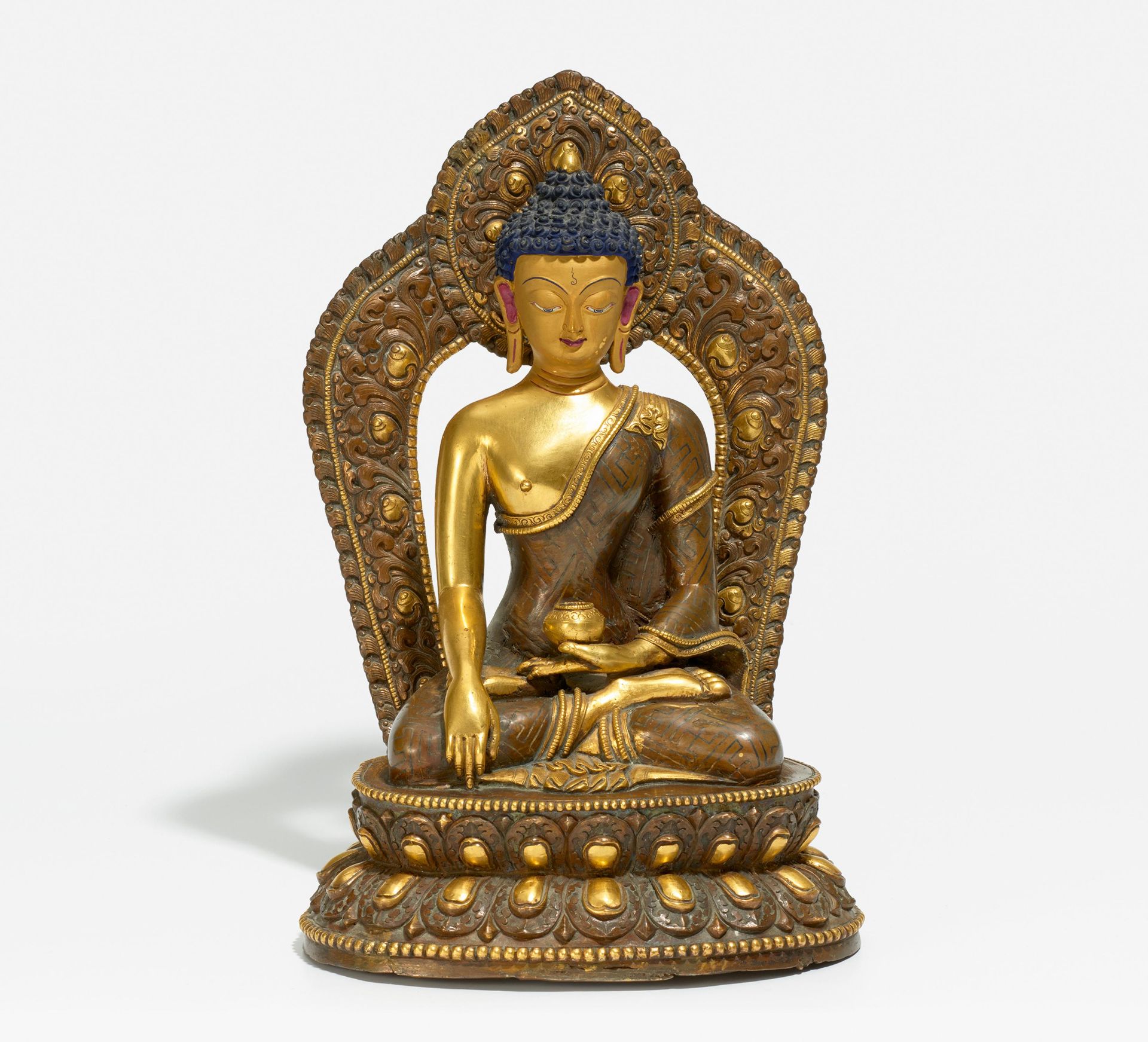 SITZENDER BUDDHA SHAKYAMUNI. Nepal. 19./20. Jh. Kupferbronze, teils feuervergoldet und mit - Bild 2 aus 2