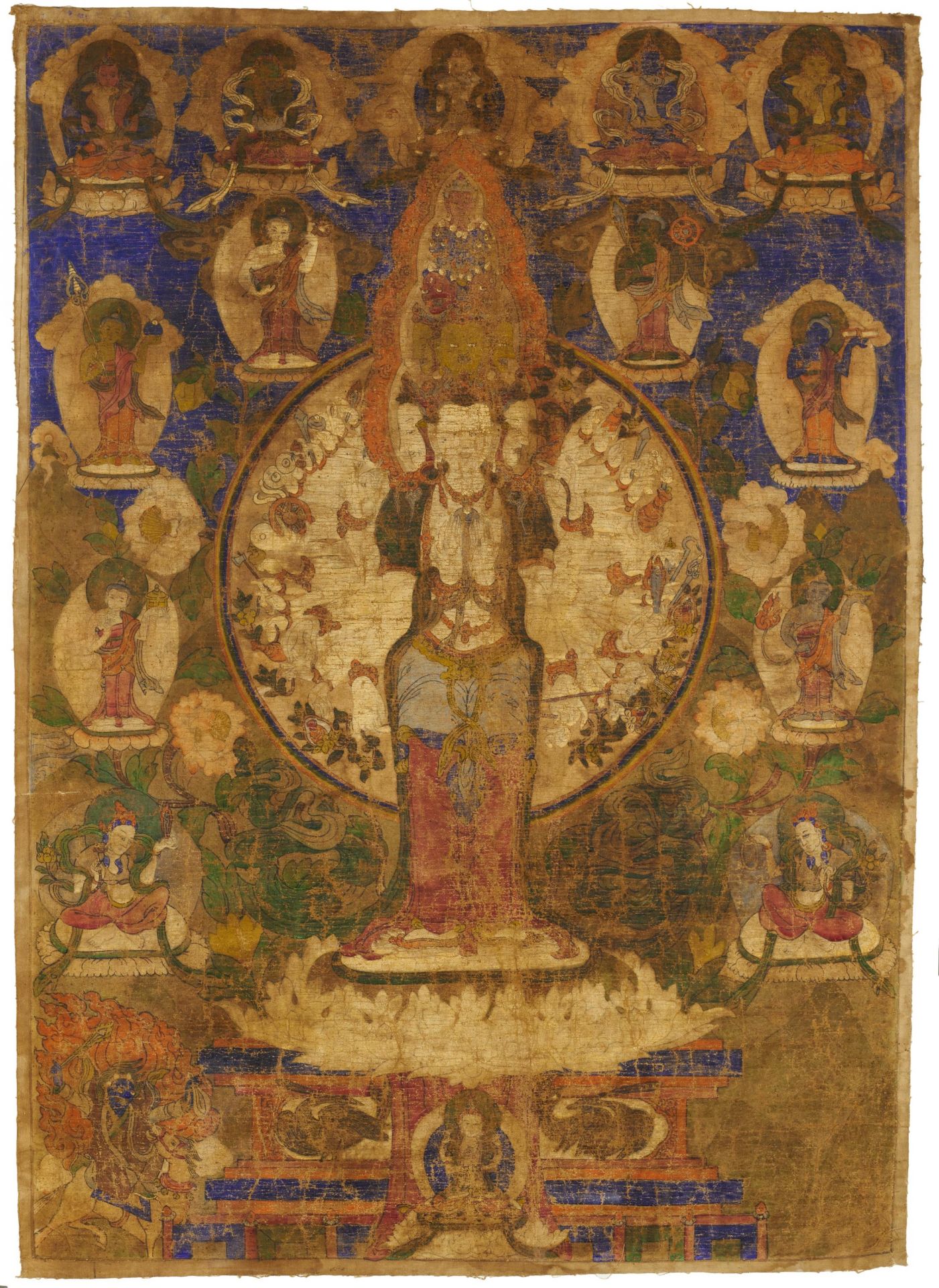 THANGKA DES ELFKÖPFIGEN UND 1000-ARMIGEN AVALOKITESHVARA. Tibet. 18./19. Jh. Pigmente auf Gewebe.