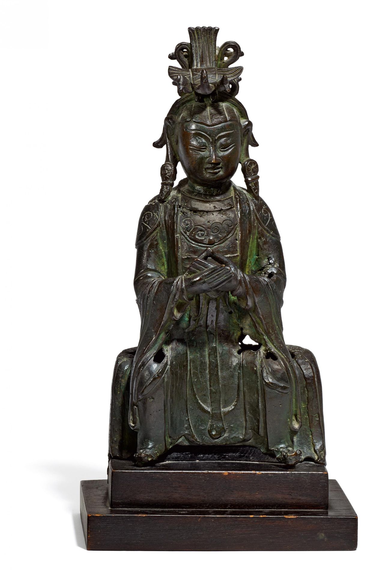 DIE KÖNIGINMUTTER DES WESTENS - XI WANGMU. China. 17. Jh. Bronze mit dunkler Patina. Sitzend in