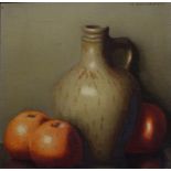 Nicolaas Bruynesteyn (1893-1950) triplex, 18 x 18, steengoed kruik met fruit, gesigneerd