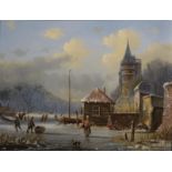 paneel, 22 x 27, winterlandschap met schaatsers bij stadswal, gesigneerd l.o. W. van Straaten