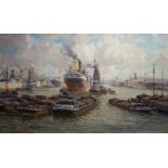 Gerardus Johannes Delfgaauw (1882-1947) doek, 60 x 100, bedrijvigheid in Rotterdamse overslaghaven,