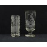 2 Boheems kristallen waterglazen met gegraveerd decor van bok met glas en herten in boslandschap,