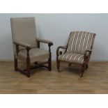 eiken herenfauteuil met hoge rechte rug en armleggers en mahonie biedermeier fauteuil met gebogen