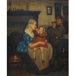Adrien Jean Madiol (1845-1892) paneel,56 x 46, jong gezin in interieur bij haardvuur, gesigneerd l.