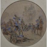 Jan Hoynck van Papendrecht (1858-1933) inkt en aquarel, diameter 26, strijdende cavalerie, niet