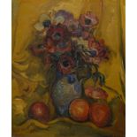 Matthieu Wiegman (1886-1971) paneel 55 x 46, stilleven met anenomen en fruit, gesigneerd r.o.