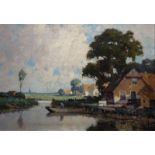 Gerardus Johannes Delfgaauw (1882-1947) doek, 50 x 70, boer in praam bij boerderij aan water,