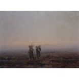 Jan Simon sr. Knikker (1889-1957) doek, 30 x 40, landarbeiders in landschap bij ochtendlicht,