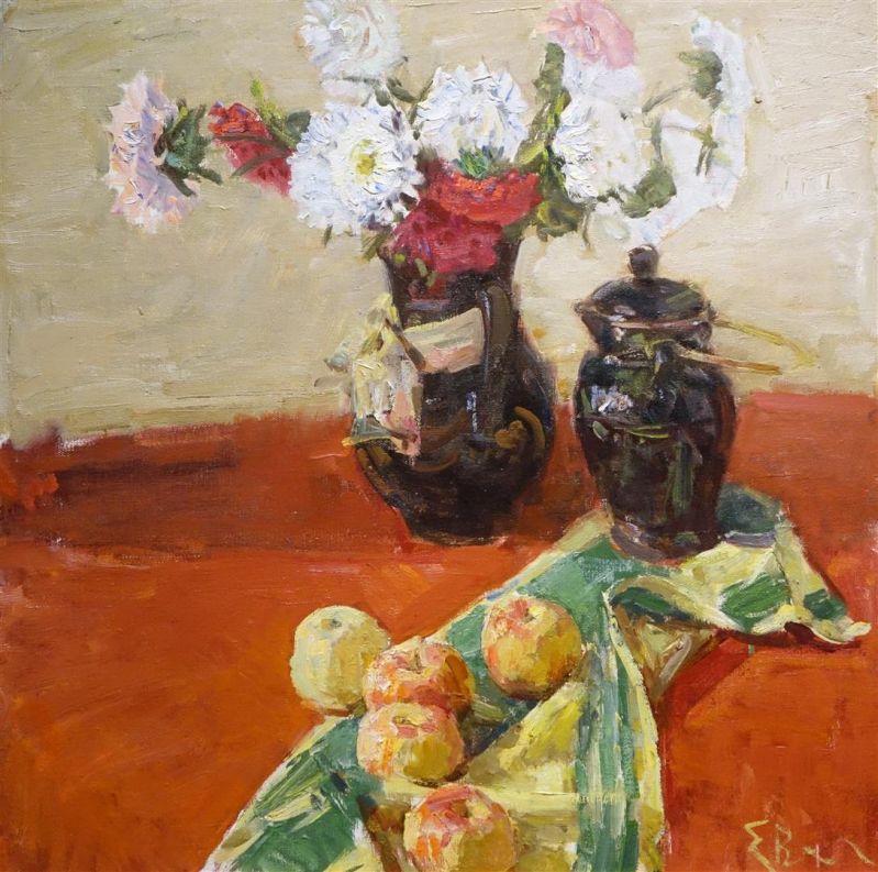 Evgeni Vechtomov (1964-)doek, 70  x 70, stilleven met appels en bloemen, gemonogrammeerd r.o. en