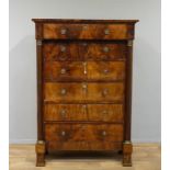 Hollandse mahonie empire chiffoniere met 6 laden waaronder schrijflade, geflankeerd door ronde