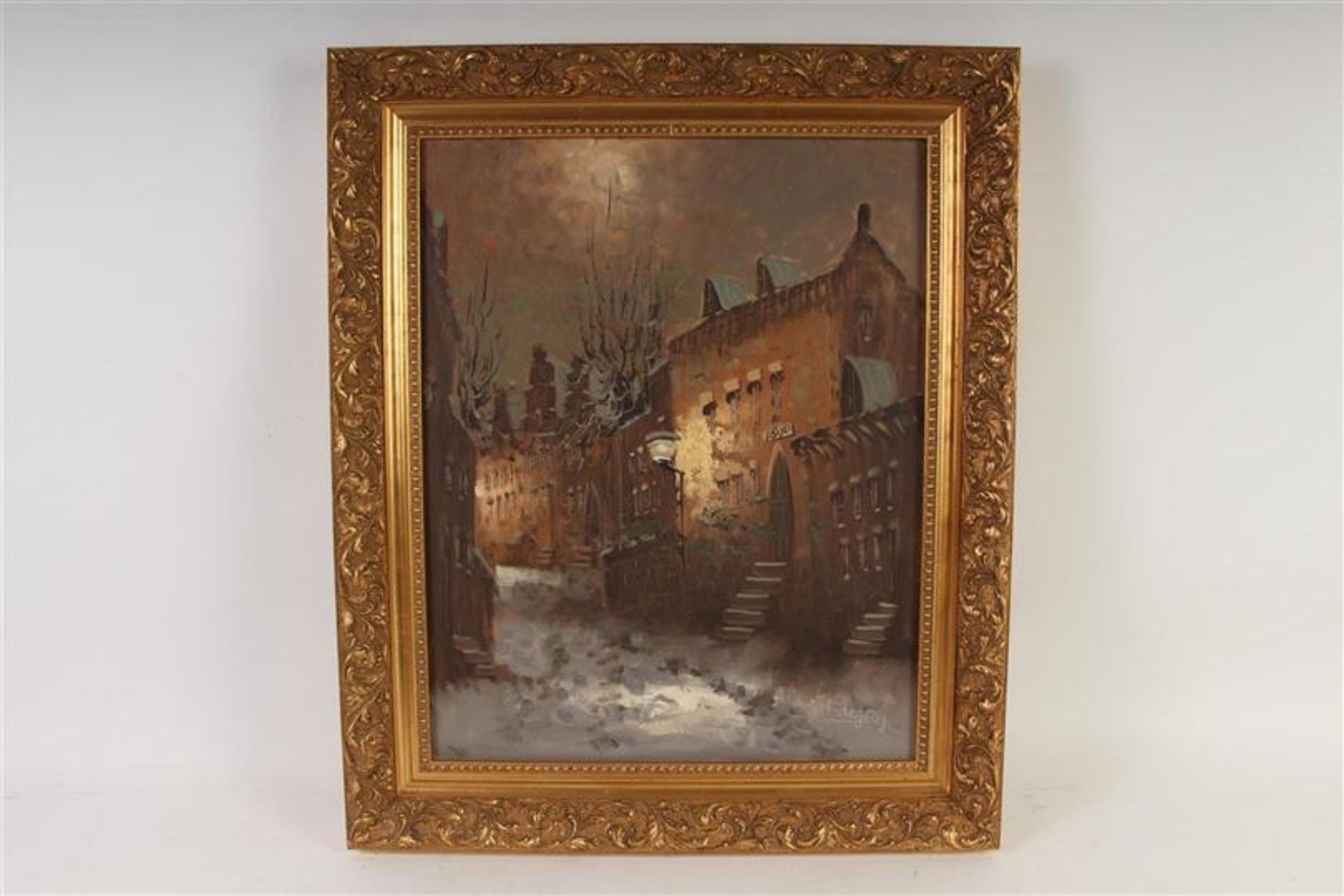 Schilderij op doek 'Wintergezicht', gesigneerd F. de Jong. HxB: 49 x 38.5 cm.