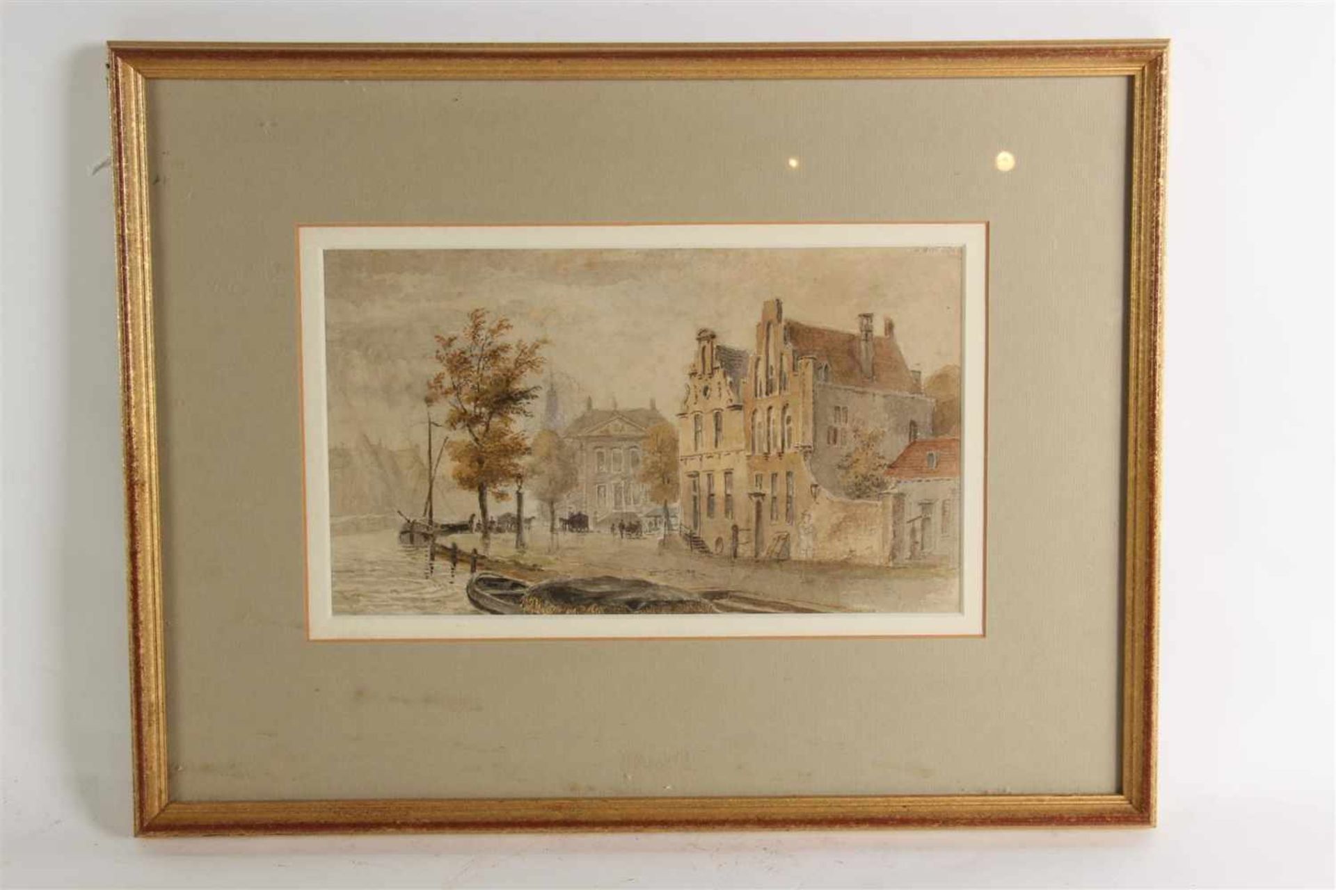 Aquarel 'Zicht op de kade', Hollandse school 19e eeuw. Afm: 16.5 x 28.5 cm. - Image 2 of 2