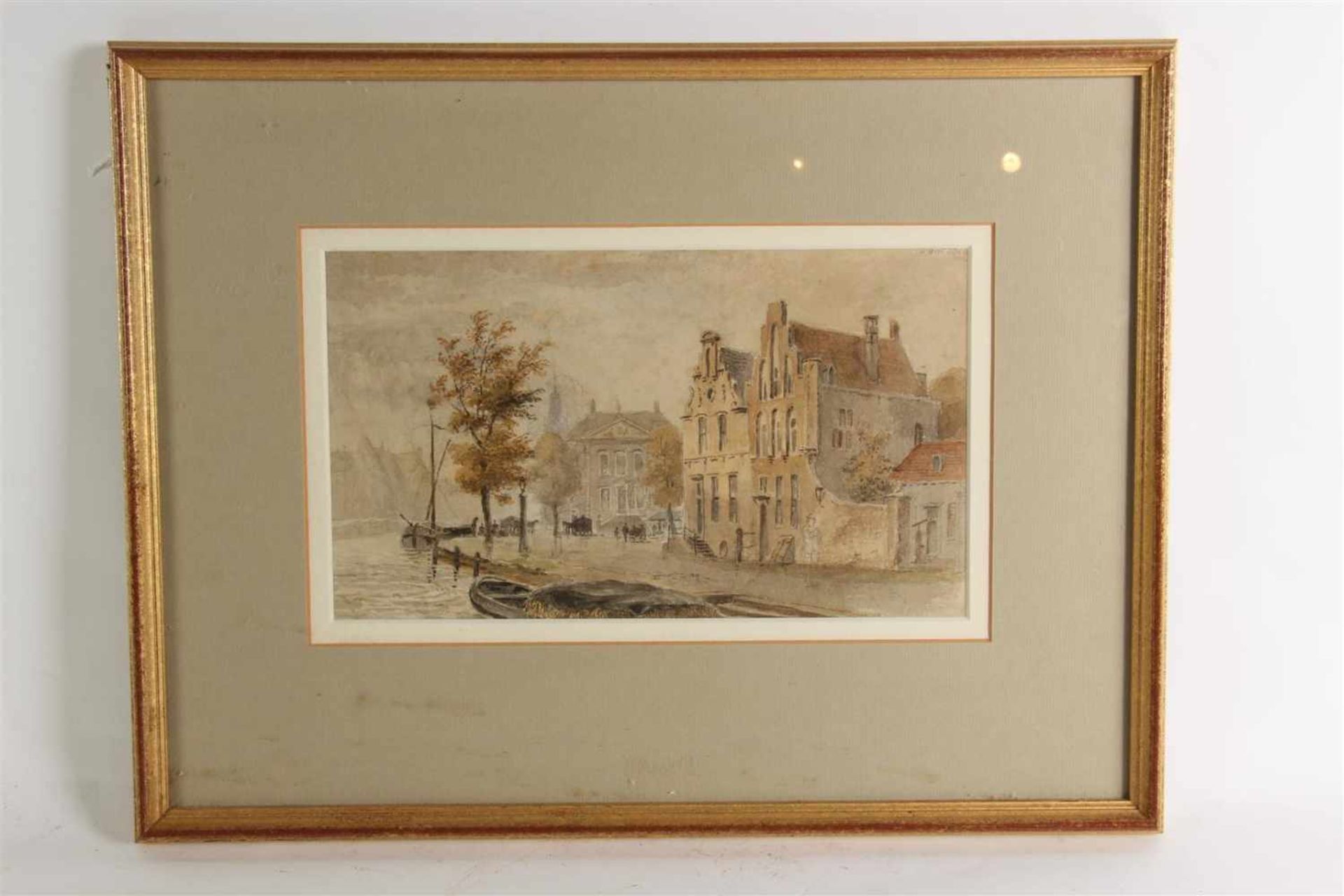 Aquarel 'Zicht op de kade', Hollandse school 19e eeuw. Afm: 16.5 x 28.5 cm. - Bild 2 aus 2