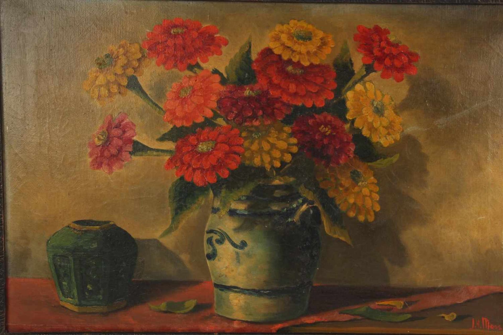 J.H. Maas Schilderij op doek 'Stilleven met gemberpot en Keulse steengoed kan met bloemen'. Afm: - Image 3 of 3