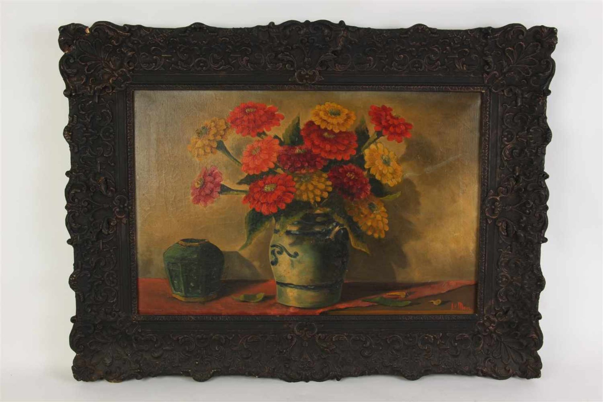 J.H. Maas Schilderij op doek 'Stilleven met gemberpot en Keulse steengoed kan met bloemen'. Afm: