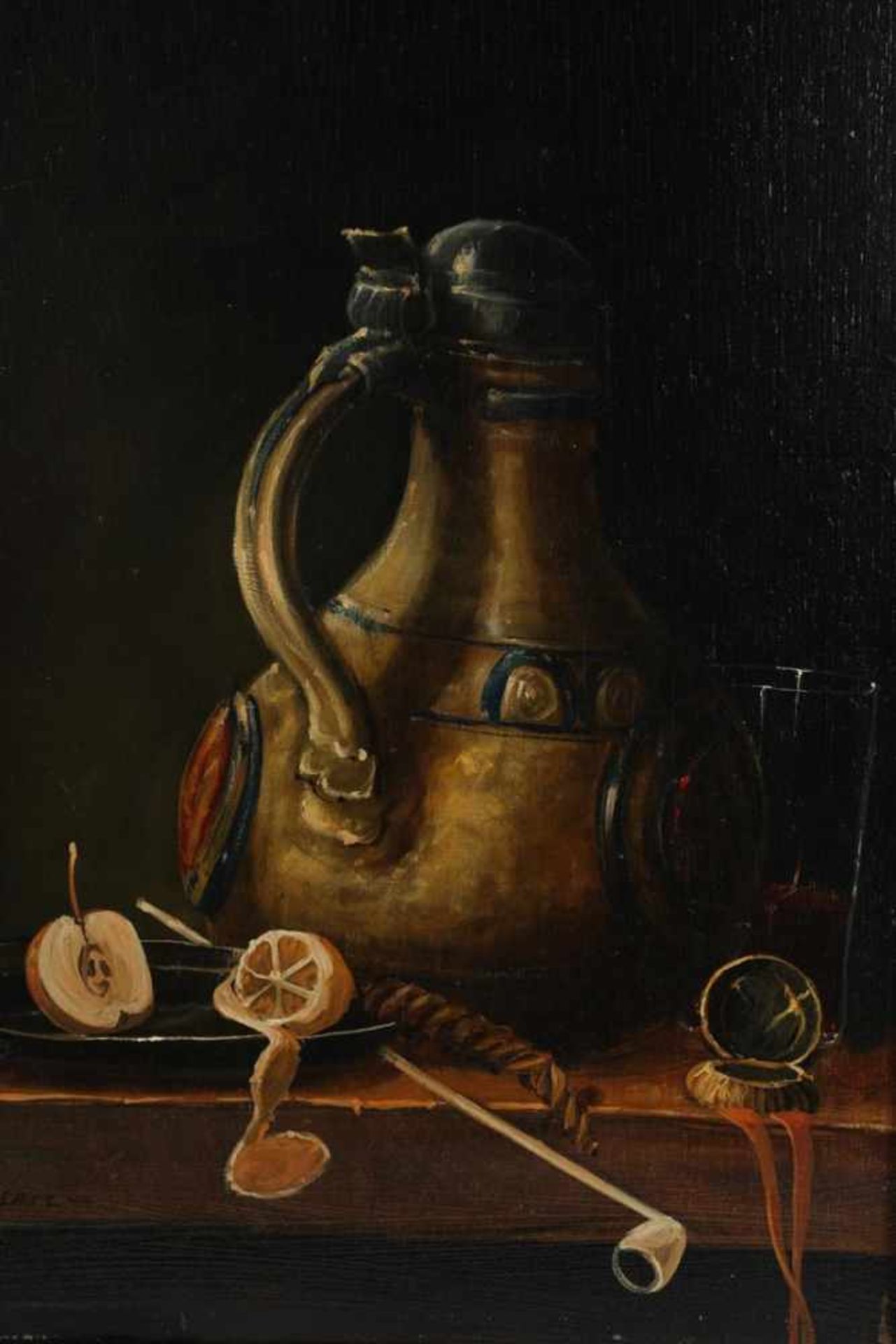 Schilderij op paneel ‘Stilleven met rookgerei’ Hollandse school, gesigneerd W. Janssen. Afm: 39.5 - Bild 3 aus 4