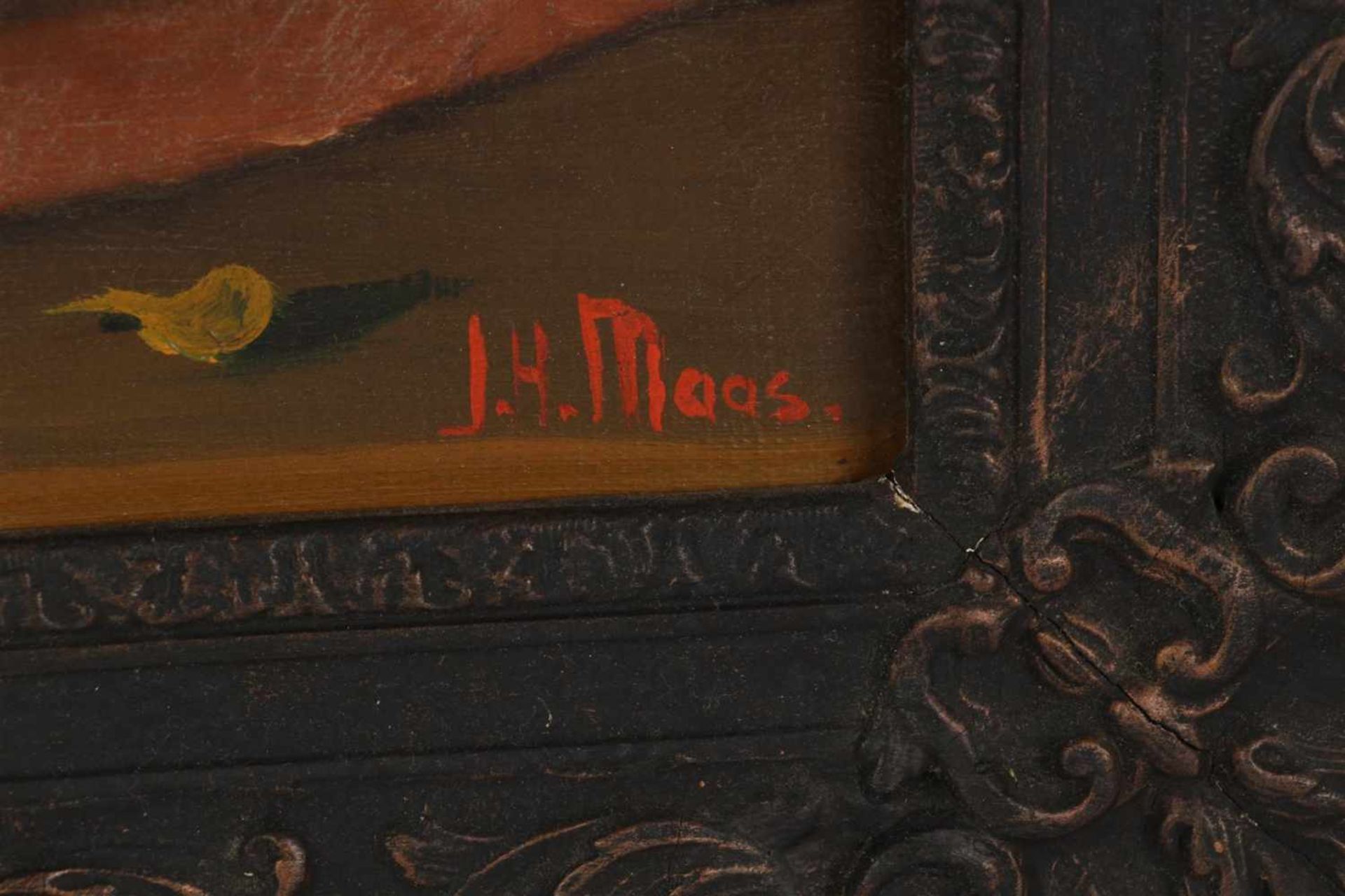 J.H. Maas Schilderij op doek 'Stilleven met gemberpot en Keulse steengoed kan met bloemen'. Afm: - Image 2 of 3