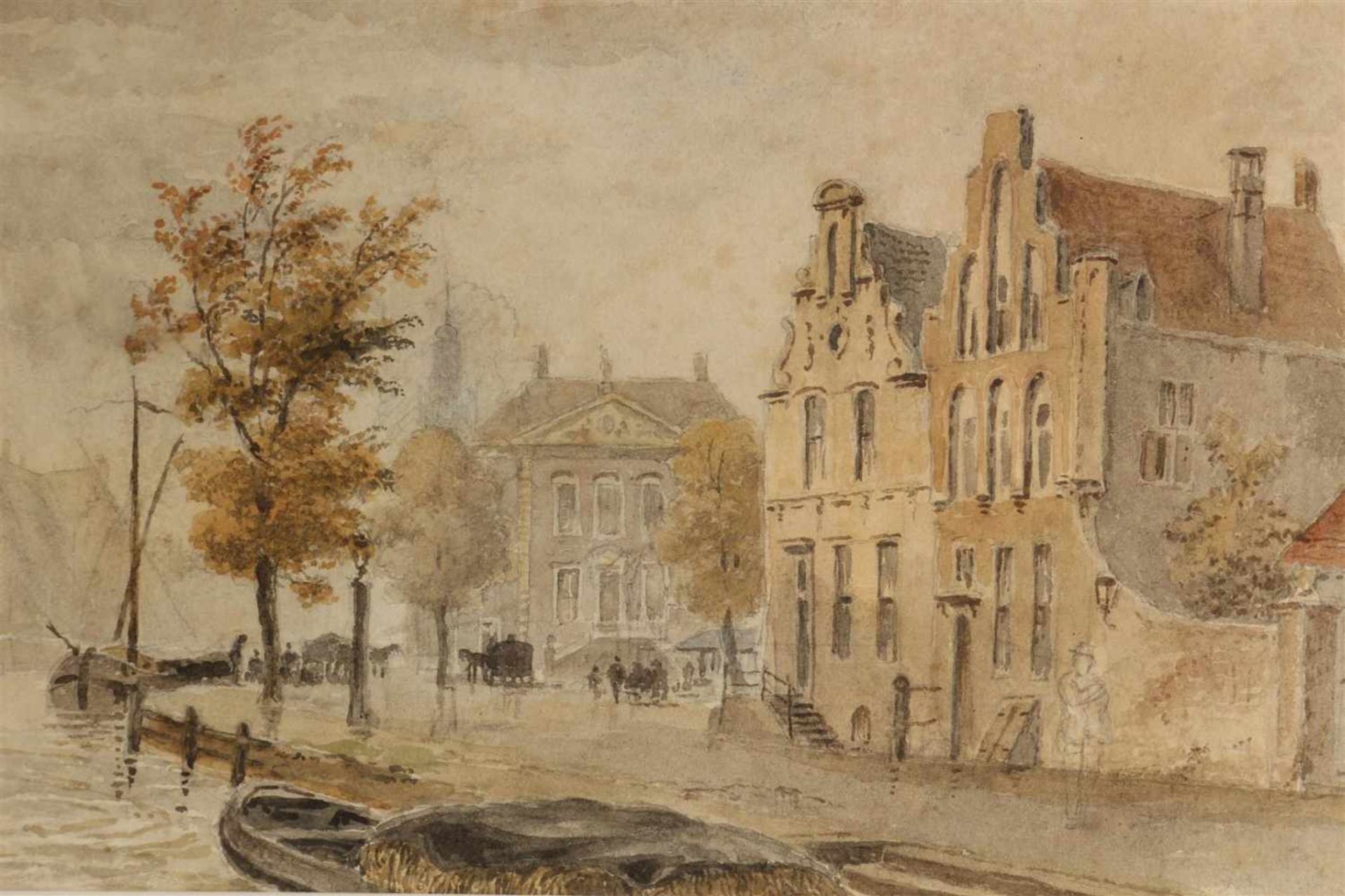 Aquarel 'Zicht op de kade', Hollandse school 19e eeuw. Afm: 16.5 x 28.5 cm.