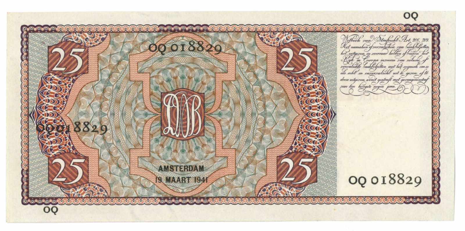 Nederland. 25 gulden. Bankbiljet. Type 1931. Mees - Nagenoeg UNC. (Alm. 76-2. AV. 48.2d). - Image 2 of 2